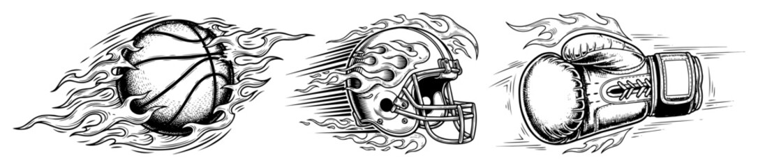 vector flaming sports equipment set basketball helmet boxing glove © Aisha Kudorova