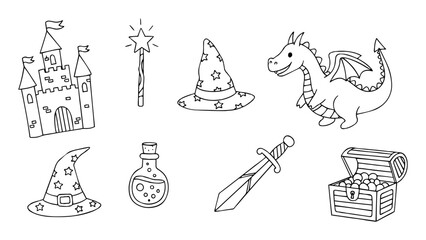 fantasy magic icons dragon castle sword doodle line art vector © Aisha Kudorova