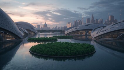 Obraz premium Futuristic cityscape with sleek domed buildings reflecting in calm water at dusk