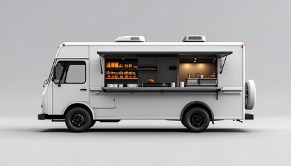 Food truck side view mockup with plain white body, isolated on background, template for street food branding