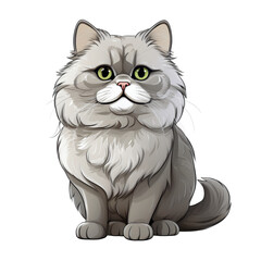 Charming cartoon illustration of fluffy Persian cat with soft shading, showcasing its adorable features and expressive eyes. This delightful feline exudes playful and friendly demeanor
