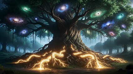 An enchanting scene unfolds in a mystical forest where a majestic tree of life glows with vibrant colors. Its roots pulse with energy, casting a magical light in the serene atmosphere.
