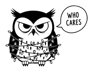 grumpy owl tangled in christmas lights who cares vector