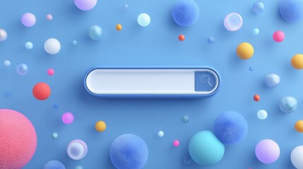 Minimal abstract background for online shopping e-commerce concept. Search bar surrounded with floating elements on blue background. 3d vector illustration