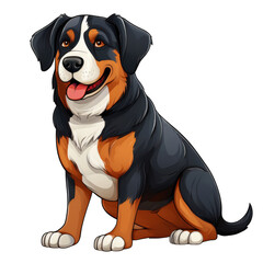 Cartoon illustration of happy Entlebucher Mountain dog with glossy coat, sitting gracefully. dog has friendly expression, showcasing its playful nature and charm