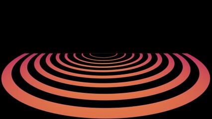 A series of glowing orange and pink concentric arcs rise from the bottom against a black void, creating a futuristic stage-like illusion with endless depth