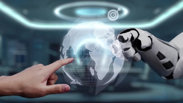 A human hand interacts with a robotic hand against a backdrop of a digital globe, symbolizing the fusion of technology and creativity for future innovations. Auvana - Powered by Adobe