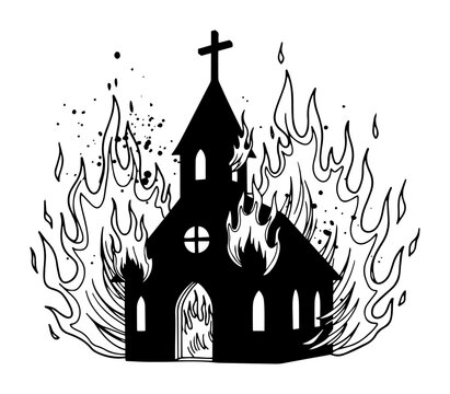 vector gothic church on fire silhouette illustration