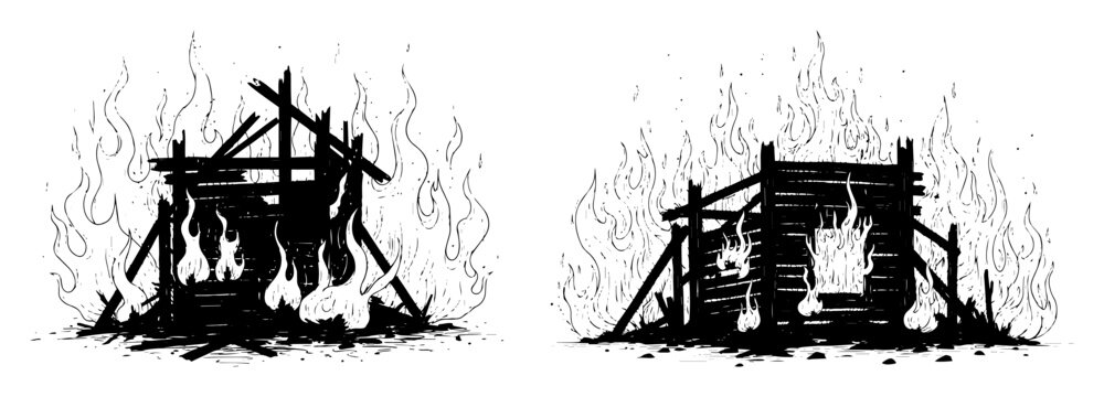 vector burning wooden shack ruin illustration