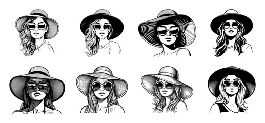 Set of Stylish Women in Sun Hats and Sunglasses. Retro Fashion Vector Illustration.