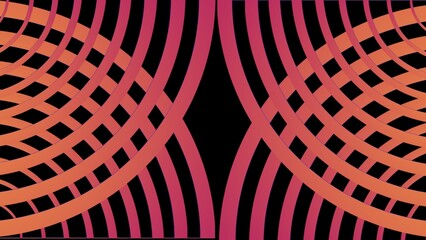 A vibrant digital artwork of interlacing orange and pink arcs on a black background, forming a symmetrical pattern that creates depth, rhythm, and a captivating optical illusion.
