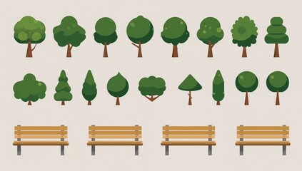 Collection of stylized trees and park benches for nature and outdoor scene design