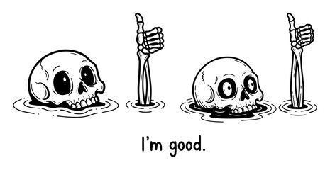 funny cartoon skull with thumbs up i'm good illustration © Aisha Kudorova