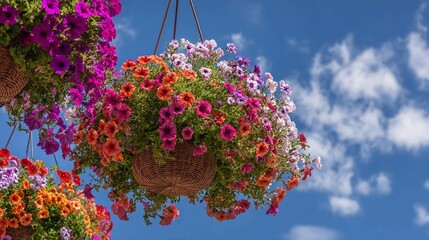 Colorful petunia flowers in hanging baskets against a blue sky.