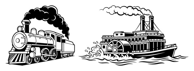 vintage steam train and paddle steamer boat vector set
