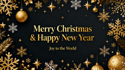 ‌Merry Christmas & Happy New Year: Black Background with Gold Decorations