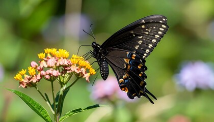 Close-up of a black swallowtail butterfly feeding on a flower