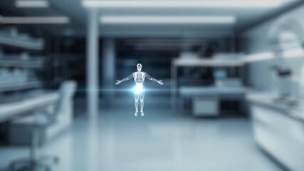 Close up of robot hand and human hand shaking hand with human anatomy hologram. AI and human working together or making agreement with x ray holographic floating with blurring laboratory. Salubrious.