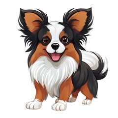 Cute Papillon dog illustration with joyful expression, showcasing its distinctive fluffy coat and playful demeanor. This cartoon style image captures breed charm and elegance