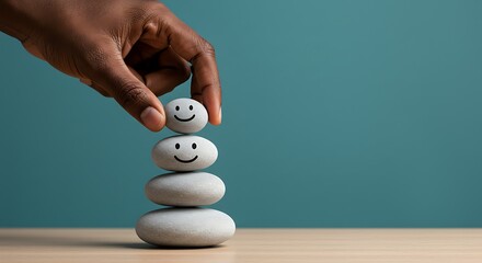 Hand stacking smooth stones with happy smiley faces for mental health and well being concept.