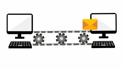 Sending email animation with conveyor belt between two computers. Creative workflow concept. Unique data transfer idea. - Powered by Adobe