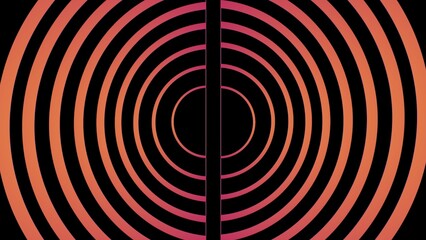 Radiating concentric circles in warm orange and pink gradients create a hypnotic, mirror-like symmetry against a black background, evoking balance, depth, and visual rhythm.