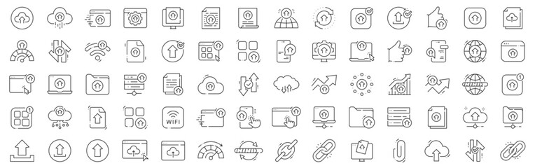 Outline upload icons for cloud file transfer, data backup, sync, wifi network; web, mobile, laptop, browser; arrows, folders, editable stroke