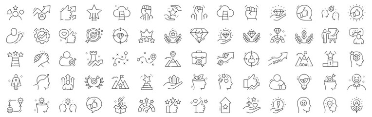 Clean outline motivation icons for success, achievement, goal progress, leadership, teamwork, strategy, coaching, productivity, growth, editable line art, confidence, stroke