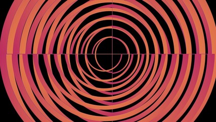 A bold abstract artwork of concentric circles in orange and pink gradients on black, forming a hypnotic tunnel-like illusion with rhythm, depth, and symmetry.