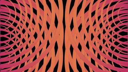 Vibrant digital art with interwoven orange and pink ribbons on black, creating a hypnotic illusion of depth, symmetry, and dynamic motion.