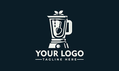 A logo featuring a blender with fruit inside, topped with leaves, against a dark background.