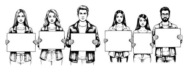 group of people holding blank signs sketch vector illustration