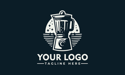 A stylized logo featuring a blender filled with liquid, and a tagline.