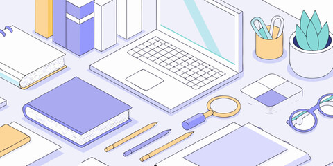 Isometric illustration of a desk with a laptop books pencils magnifying glass and plant