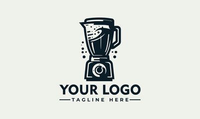 A stylized logo featuring a blender filled with liquid, and a tagline.