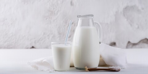 A glass and a pitcher of fresh milk, a healthy and delicious beverage.
