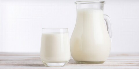 A glass and a pitcher of fresh, white milk on a wooden table, perfect for breakfast.