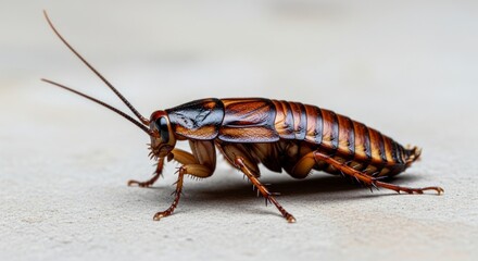 Cockroach Brown body segmented abdomen long antennae six legs on a light gray surface