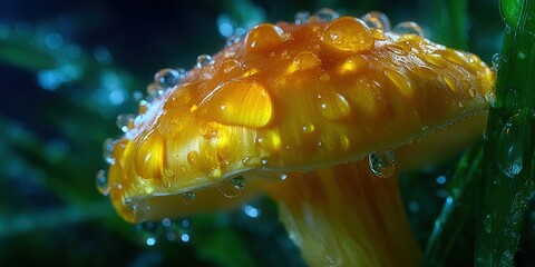 A close-up showcases a radiant golden mushroom adorned with glistening water droplets.