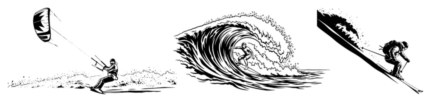 water sports silhouette set kite surfing wave skiing vector illustration