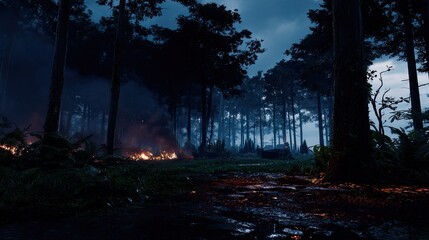 A dark, misty forest at twilight, illuminated by a fiery blaze