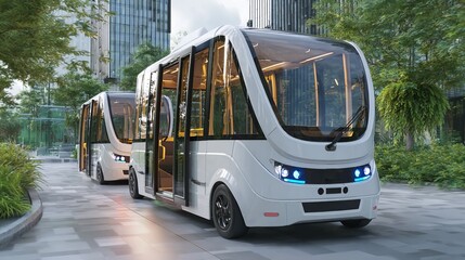 Futuristic autonomous shuttle buses designed for urban transportation, showcasing modern design and advanced technology.