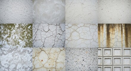 Collage of textured walls including cracked stained and patterned surfaces showcasing diverse wall finishes