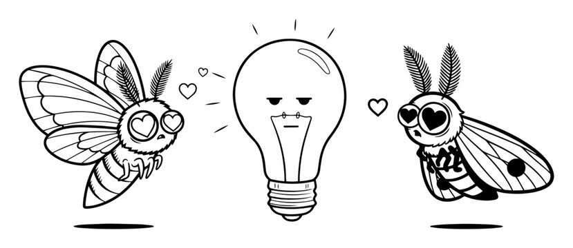 cute cartoon moths in love with a light bulb vector