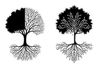 digital tree with circuit board texture logo vector set