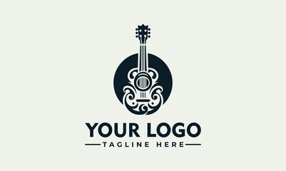 A stylized guitar illustration in a dark circle, set against a light background with placeholder text for a logo.