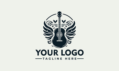 A stylized guitar illustration in a dark circle, set against a light background with placeholder text for a logo.