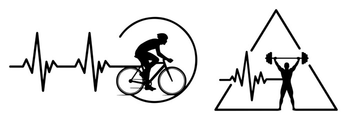 heartbeat with cyclist and weightlifter vector