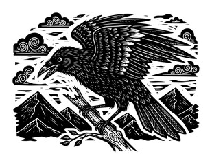 Fototapeta premium raven on branch in mountains vintage woodcut style