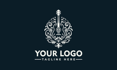 Ornate guitar illustration with swirling floral elements, presented as a logo design on a dark background.